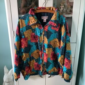 Rhoda Lynne Vintage sz L 100% Silk Colorful Geometric Windbreaker Jacket euc